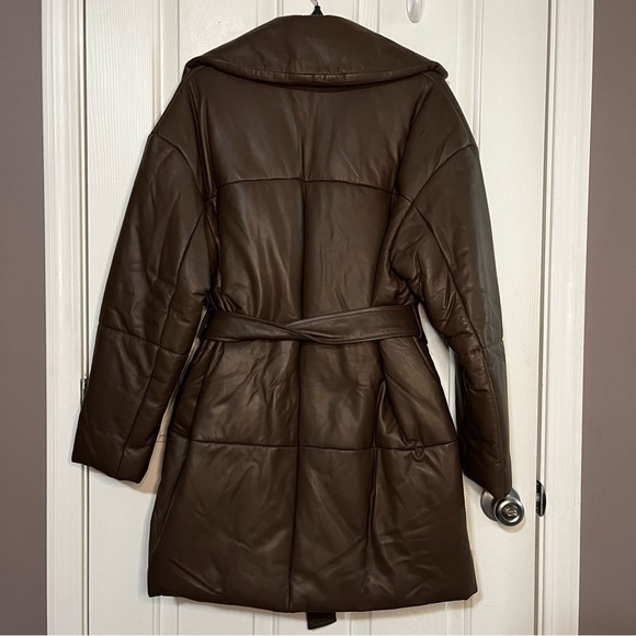 Brown Leather Belted Winter Puffer Jacket - Picture 2 of 14
